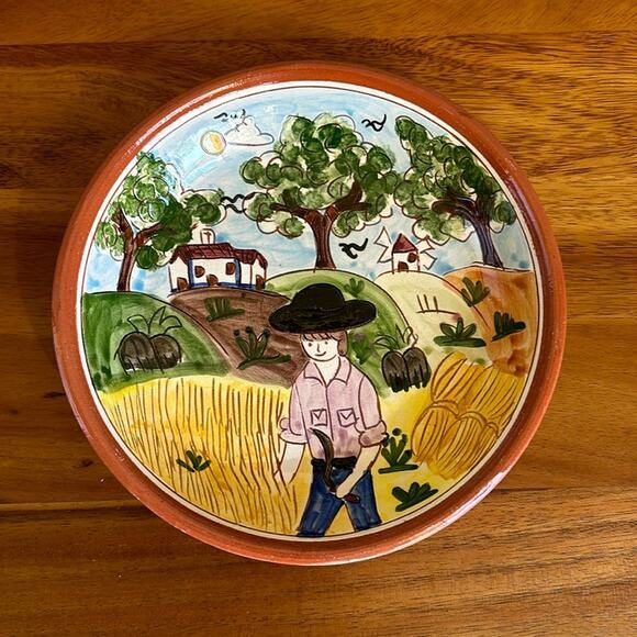 Handmade painted and carved terracotta bowl signed made in Portugal farmer scene - Picture 1 of 4